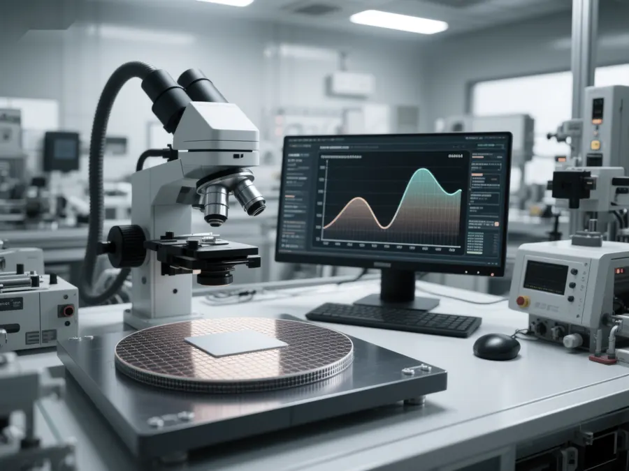 A wafer under a microscope on a laboratory bench