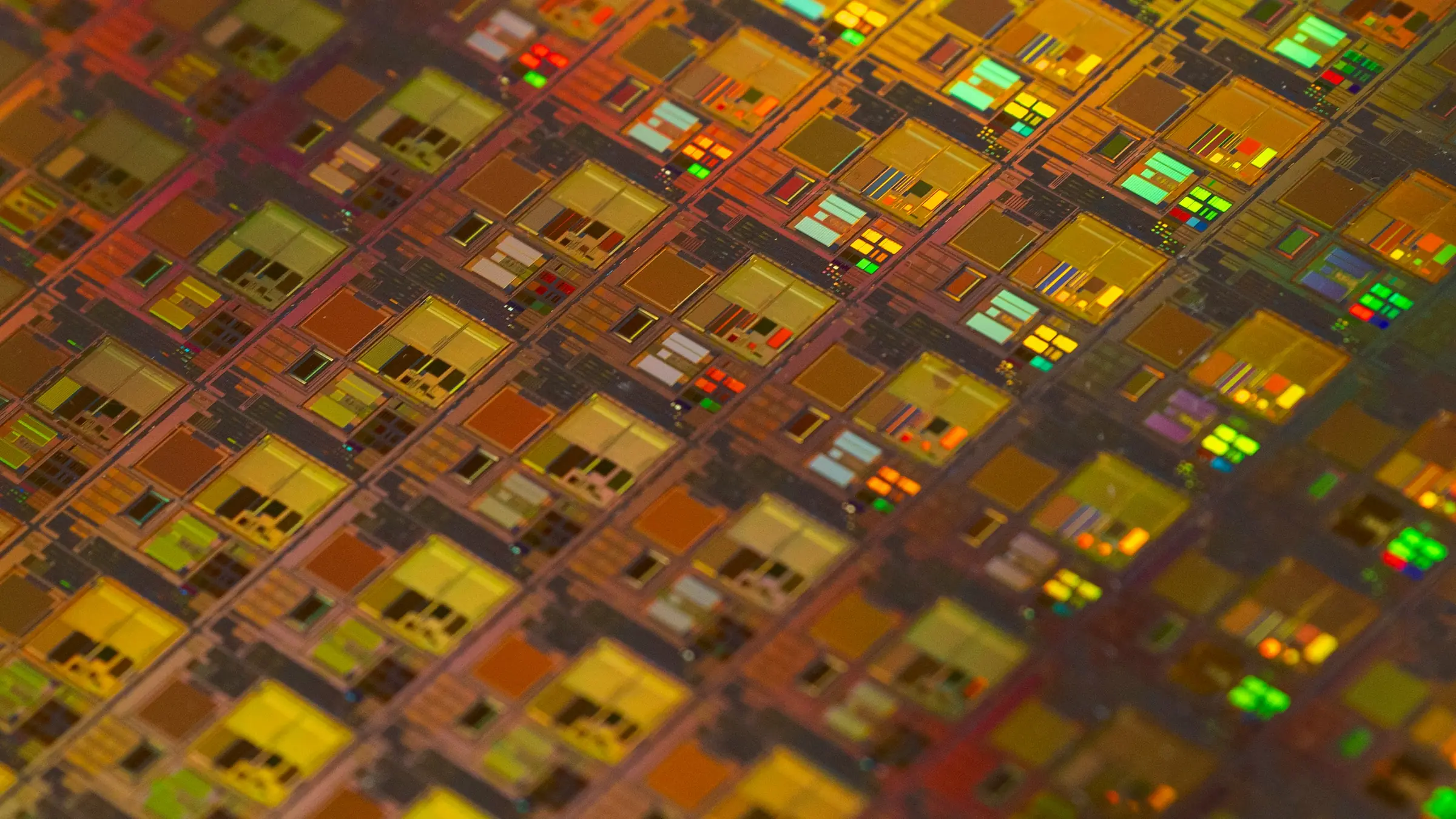 Close-up of finished dies on a silicon wafer